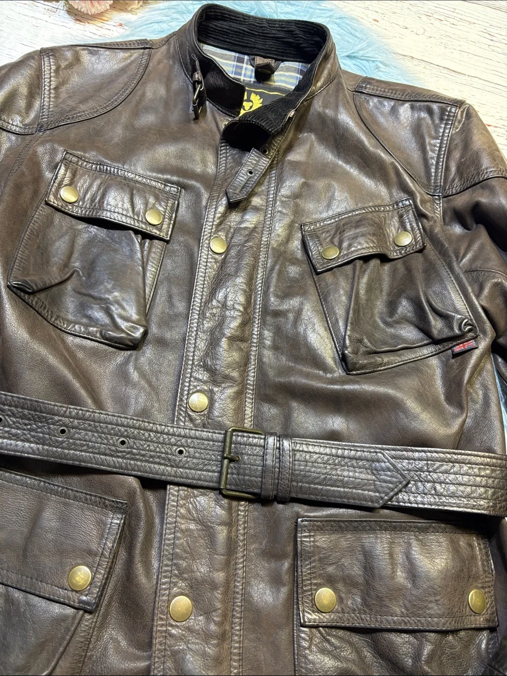 Belstaff Brown Leather Belted Military Field Motorcycle Jacket sz XL